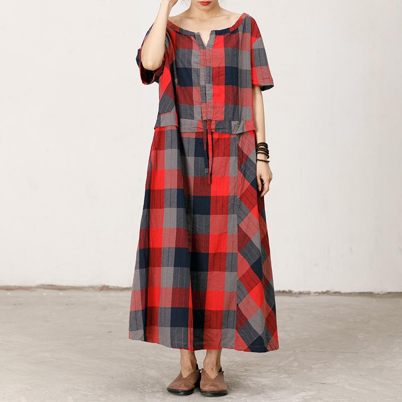 Split Neck Plaid Loose Comfortable Dress