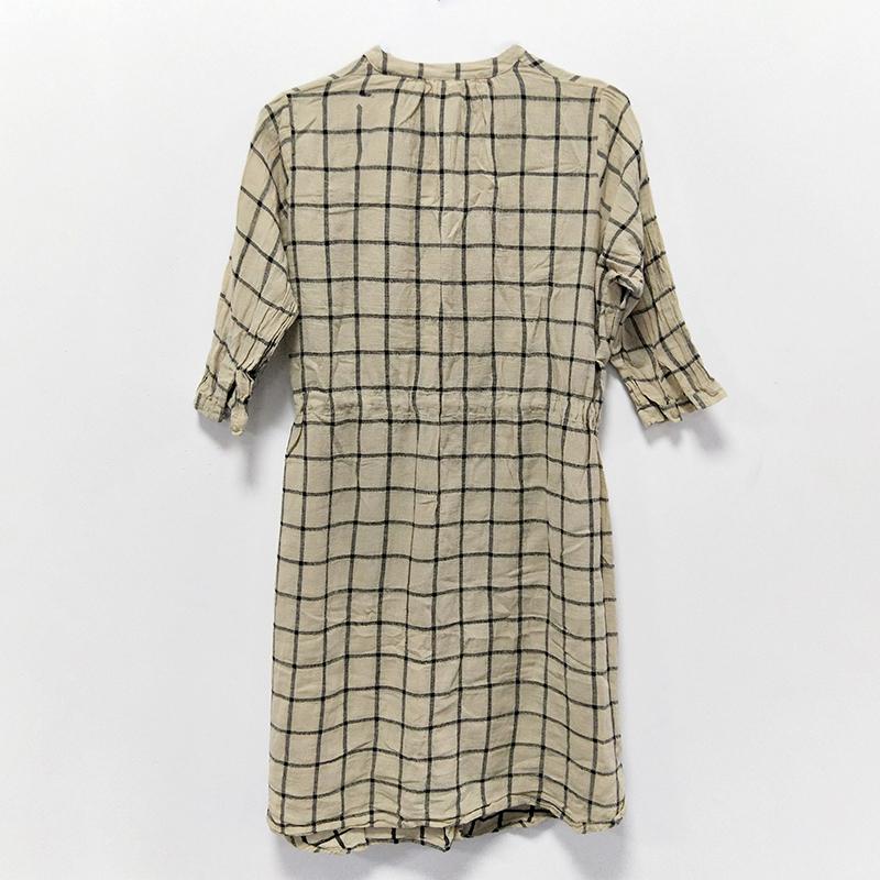 Spring Plaid Women Cotton Linen Drawstring Shirt Dress