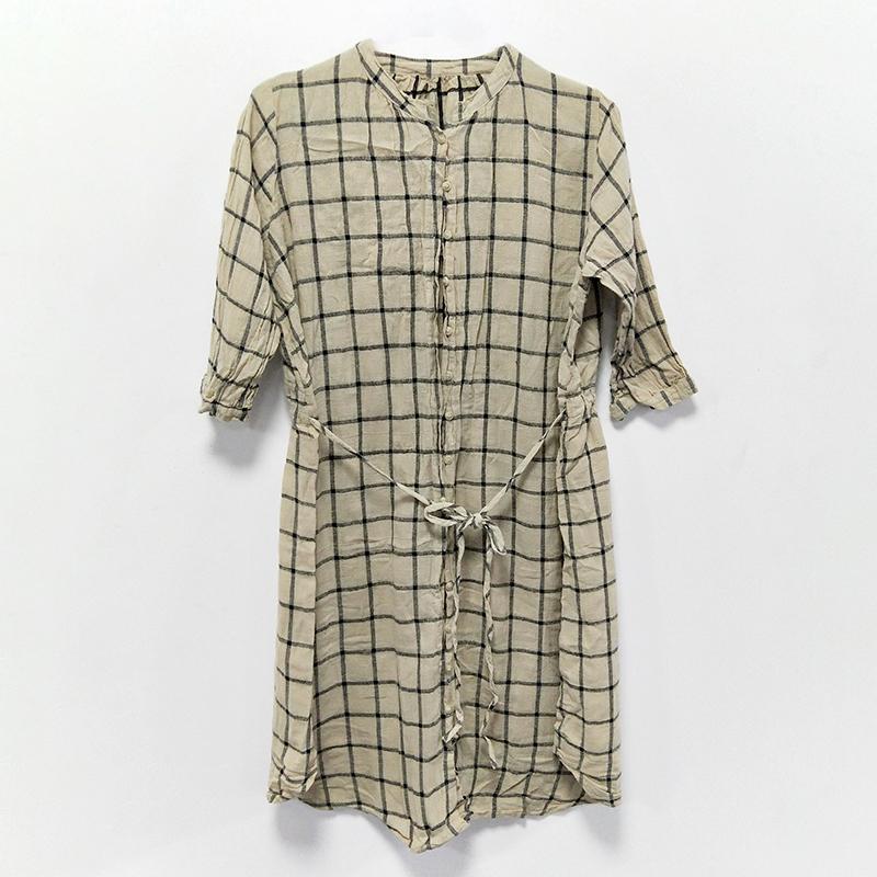 Spring Plaid Women Cotton Linen Drawstring Shirt Dress