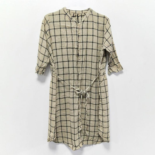 Spring Plaid Women Cotton Linen Drawstring Shirt Dress