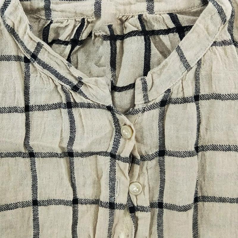Spring Plaid Women Cotton Linen Drawstring Shirt Dress