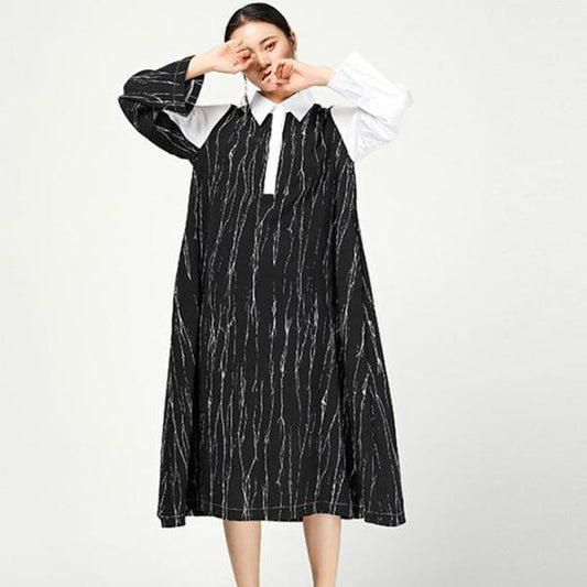 Spring Abstract Strips Irregular Polo Collar Dress