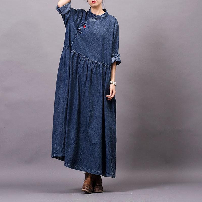 Spring Autumn Frog Solid Color Denim Dress