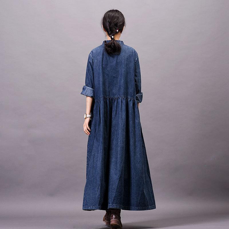Spring Autumn Frog Solid Color Denim Dress
