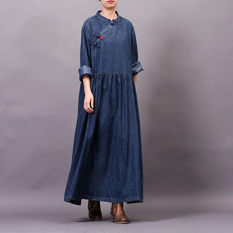 Spring Autumn Frog Solid Color Denim Dress
