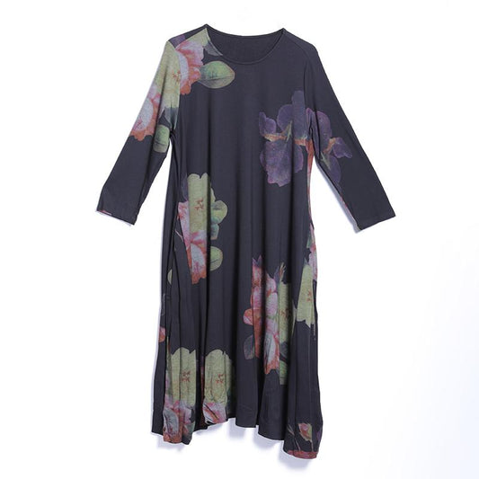 Spring Casual Floral Mid-Calf Pullover Loose Long Sleeve Dress