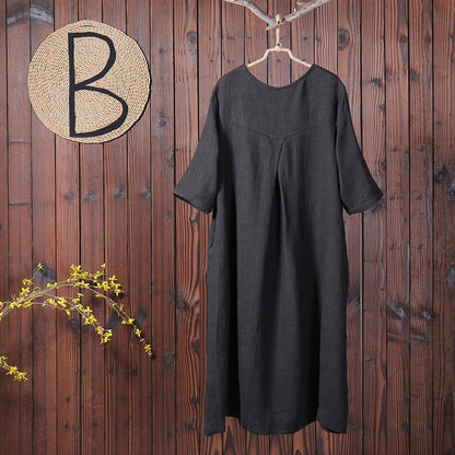 Spring Embroidery Casual O Neck Linen Dress