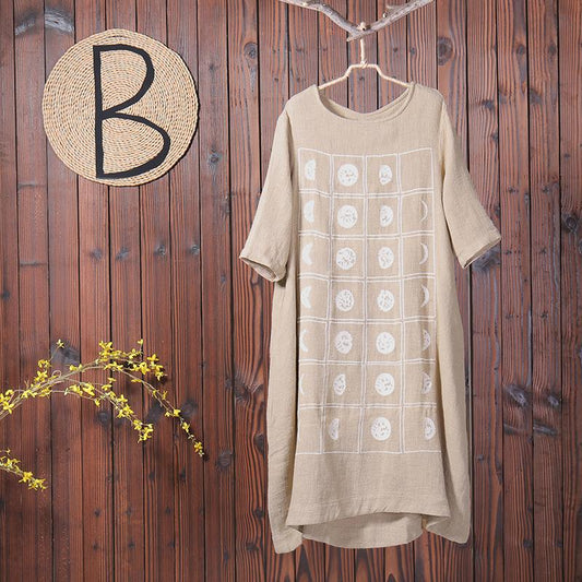 Spring Embroidery Casual O Neck Linen Dress
