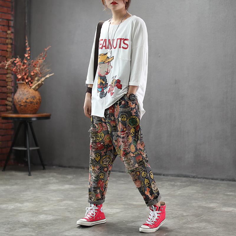 Spring Patchwork Hole Elastic Waist Vintage Jeans