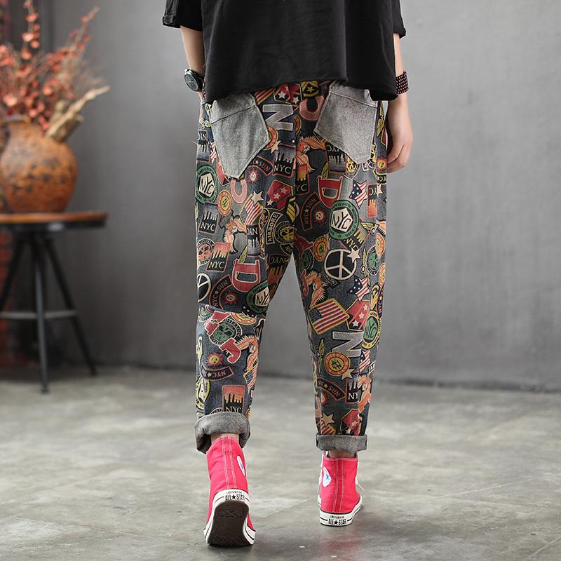 Spring Patchwork Hole Elastic Waist Vintage Jeans