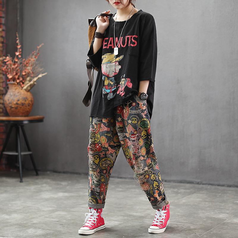 Spring Patchwork Hole Elastic Waist Vintage Jeans