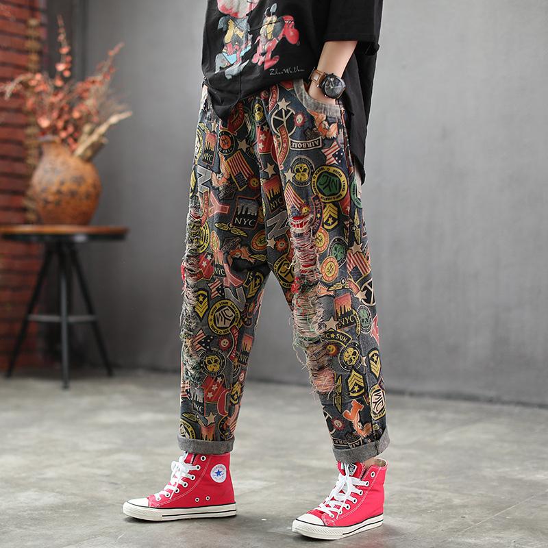 Spring Patchwork Hole Elastic Waist Vintage Jeans