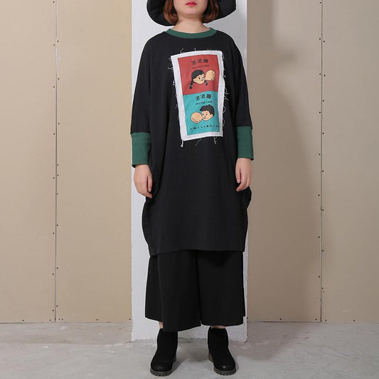 Spring Spliced Cartoon Applique Black Women Dress