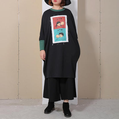 Spring Spliced Cartoon Applique Black Women Dress