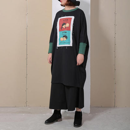 Spring Spliced Cartoon Applique Black Women Dress