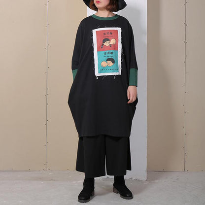 Spring Spliced Cartoon Applique Black Women Dress
