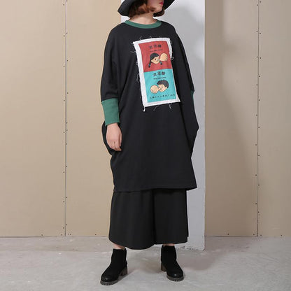 Spring Spliced Cartoon Applique Black Women Dress