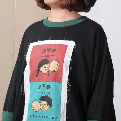 Spring Spliced Cartoon Applique Black Women Dress
