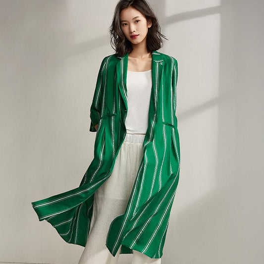 Spring Stripe Cardigan Plus Size Green Trench Coat