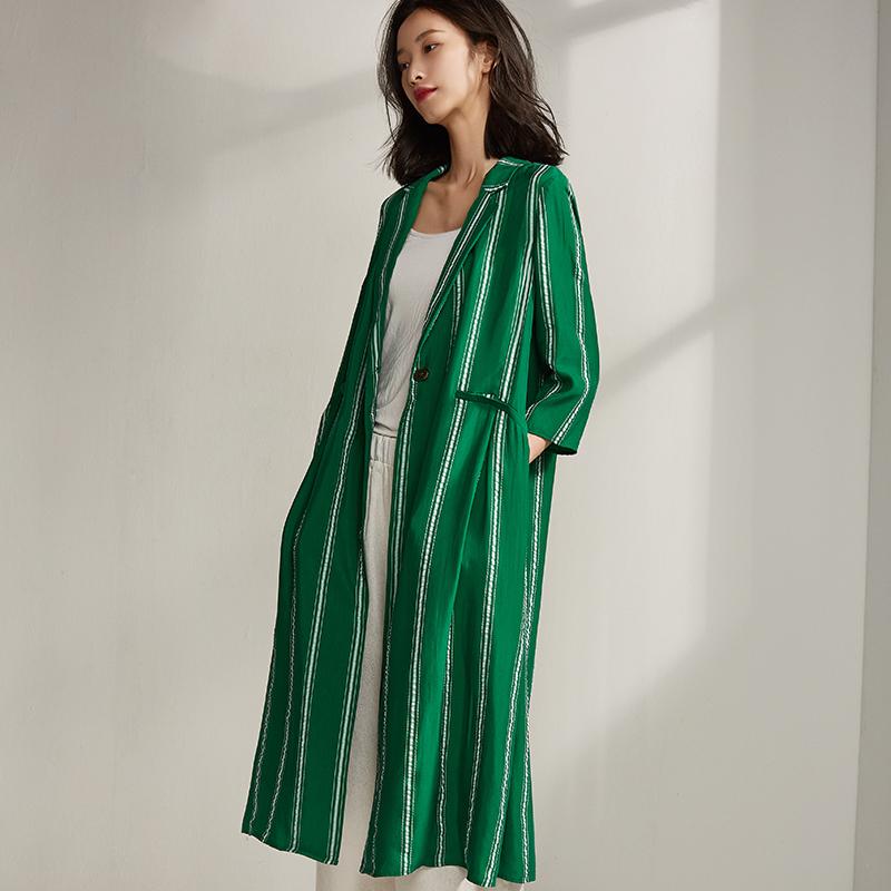 Spring Stripe Cardigan Plus Size Green Trench Coat