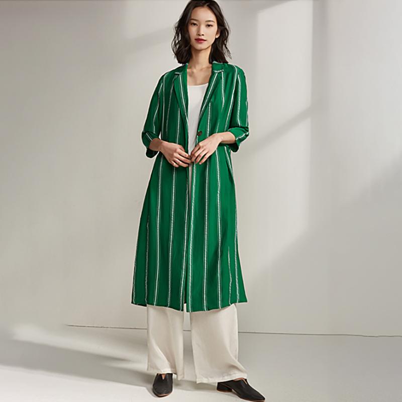 Spring Stripe Cardigan Plus Size Green Trench Coat