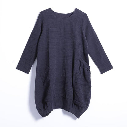 Spring Vintage Solid Knee-Length Pullover Loose Long Sleeve Dress