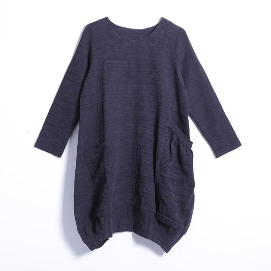 Spring Vintage Solid Knee-Length Pullover Loose Long Sleeve Dress