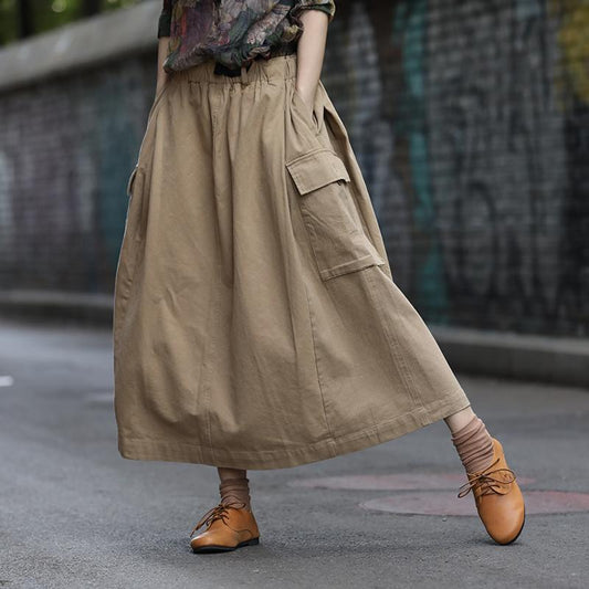 Spring Women Elastic Waist Literary Skirt