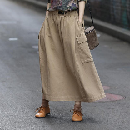 Spring Women Elastic Waist Literary Skirt