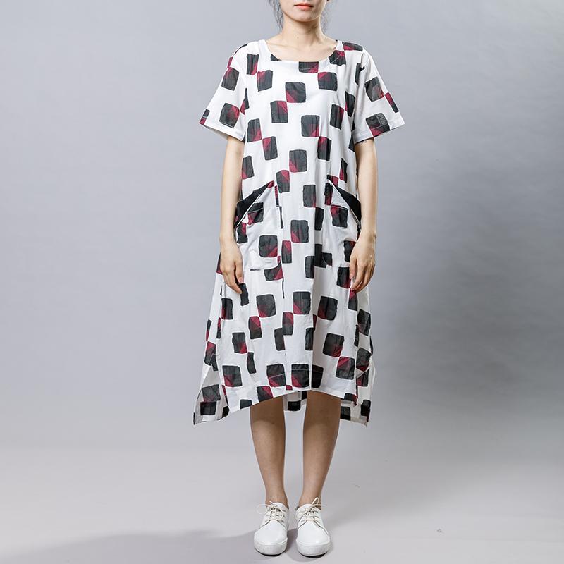 Square Printed Irregular Pockets Loose Dress