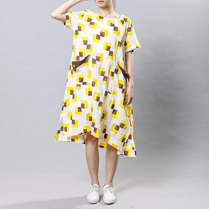 Square Printed Irregular Pockets Loose Dress