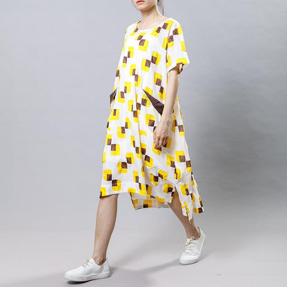 Square Printed Irregular Pockets Loose Dress
