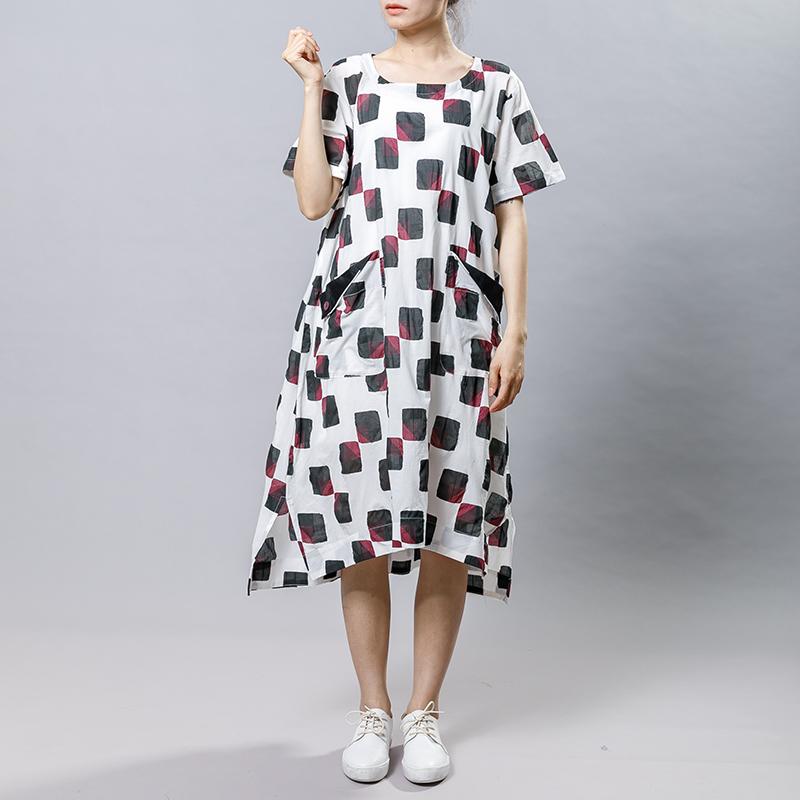 Square Printed Irregular Pockets Loose Dress