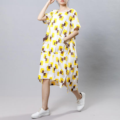 Square Printed Irregular Pockets Loose Dress
