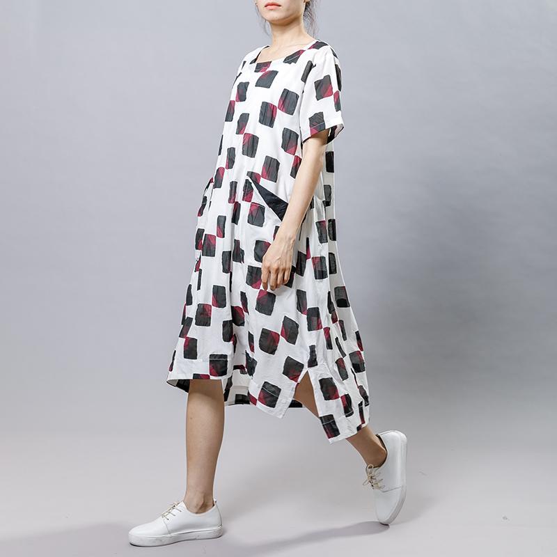 Square Printed Irregular Pockets Loose Dress