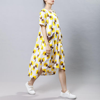 Square Printed Irregular Pockets Loose Dress