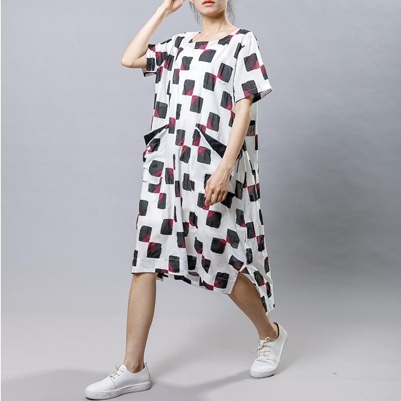 Square Printed Irregular Pockets Loose Dress