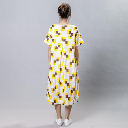 Square Printed Irregular Pockets Loose Dress
