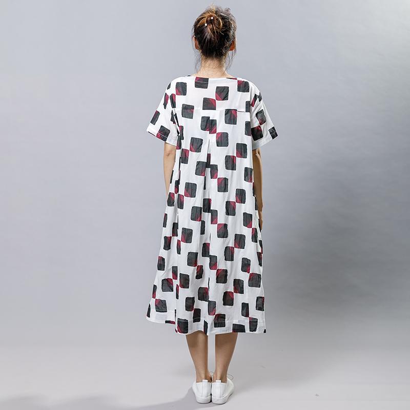 Square Printed Irregular Pockets Loose Dress