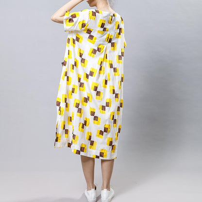 Square Printed Irregular Pockets Loose Dress
