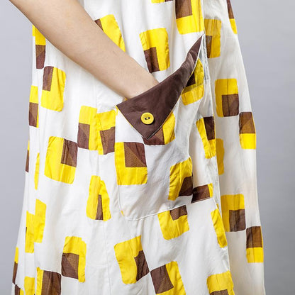 Square Printed Irregular Pockets Loose Dress
