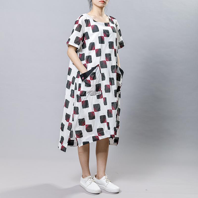 Square Printed Irregular Pockets Loose Dress