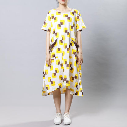 Square Printed Irregular Pockets Loose Dress