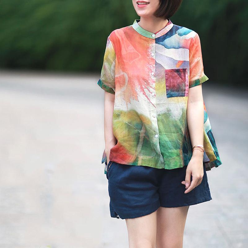 Stand Collar Casual Loose Printed Blouse