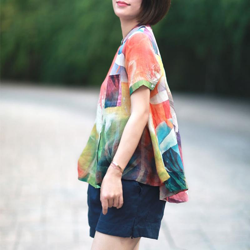 Stand Collar Casual Loose Printed Blouse