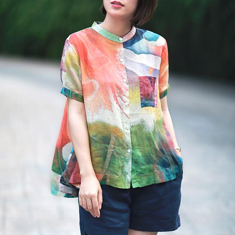 Stand Collar Casual Loose Printed Blouse
