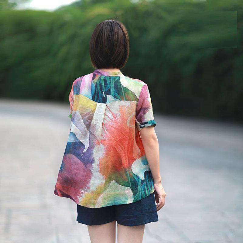 Stand Collar Casual Loose Printed Blouse