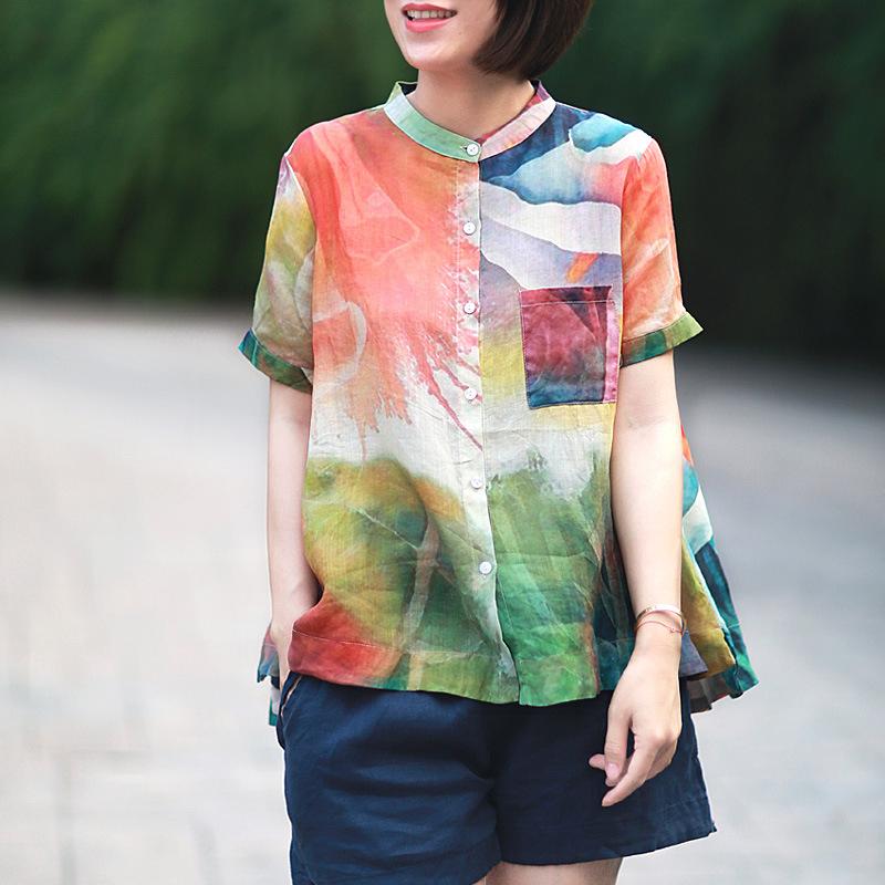 Stand Collar Casual Loose Printed Blouse