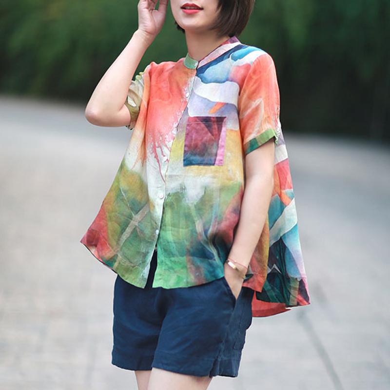 Stand Collar Casual Loose Printed Blouse