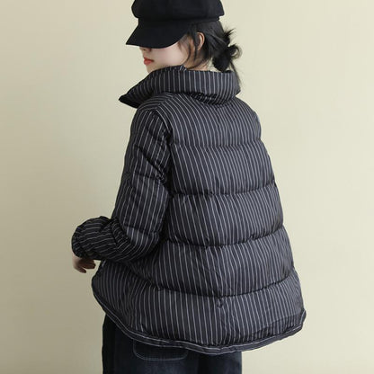 Stand Collar Casual Striped Warm Down Coat